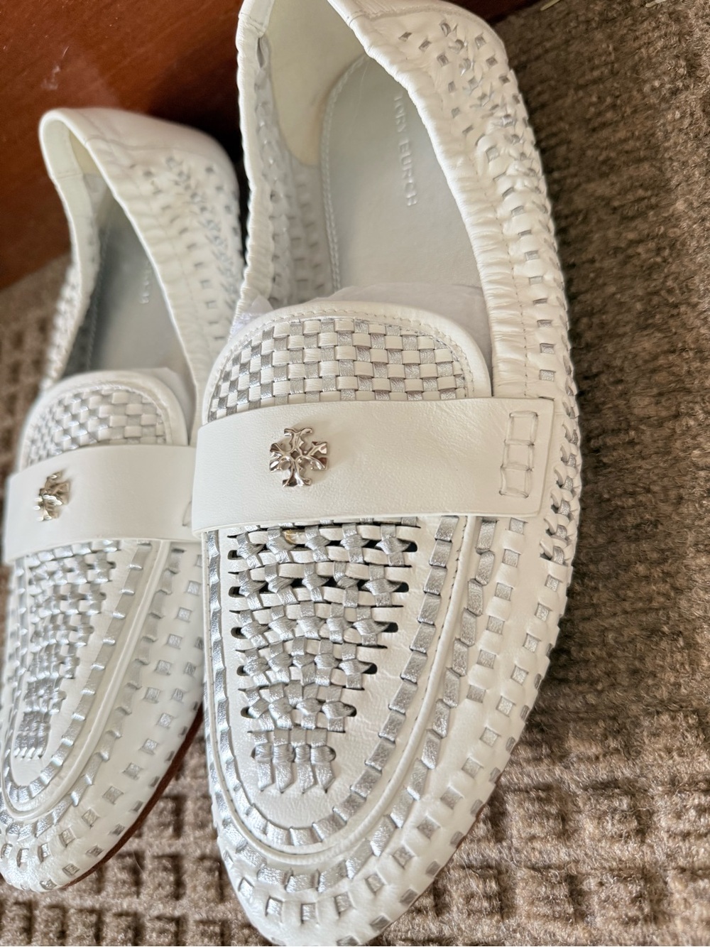 Tory Burch White Woven Leather Loafers with Silver Logo